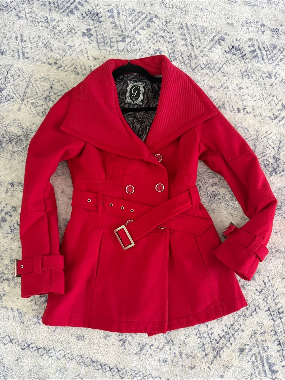 G by Guess Bright Red Double-Breasted Belted Trench Coat